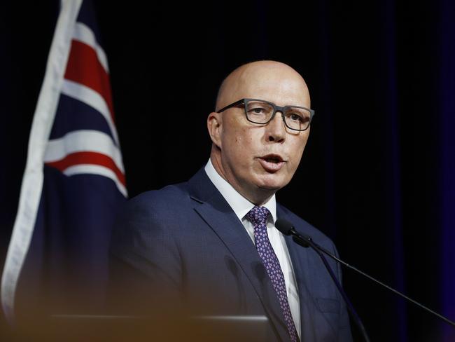 SYDNEY, AUSTRALIA - NewsWire photos NOVEMBER 25, 2023: The Hon Peter Dutton MP, Leader of the Opposition and Parliamentary Leader of the Liberal Party speaks during the Liberal State Convention at the Fullerton Hotel in Sydney. Picture: NCA NewsWire / Dylan Coker