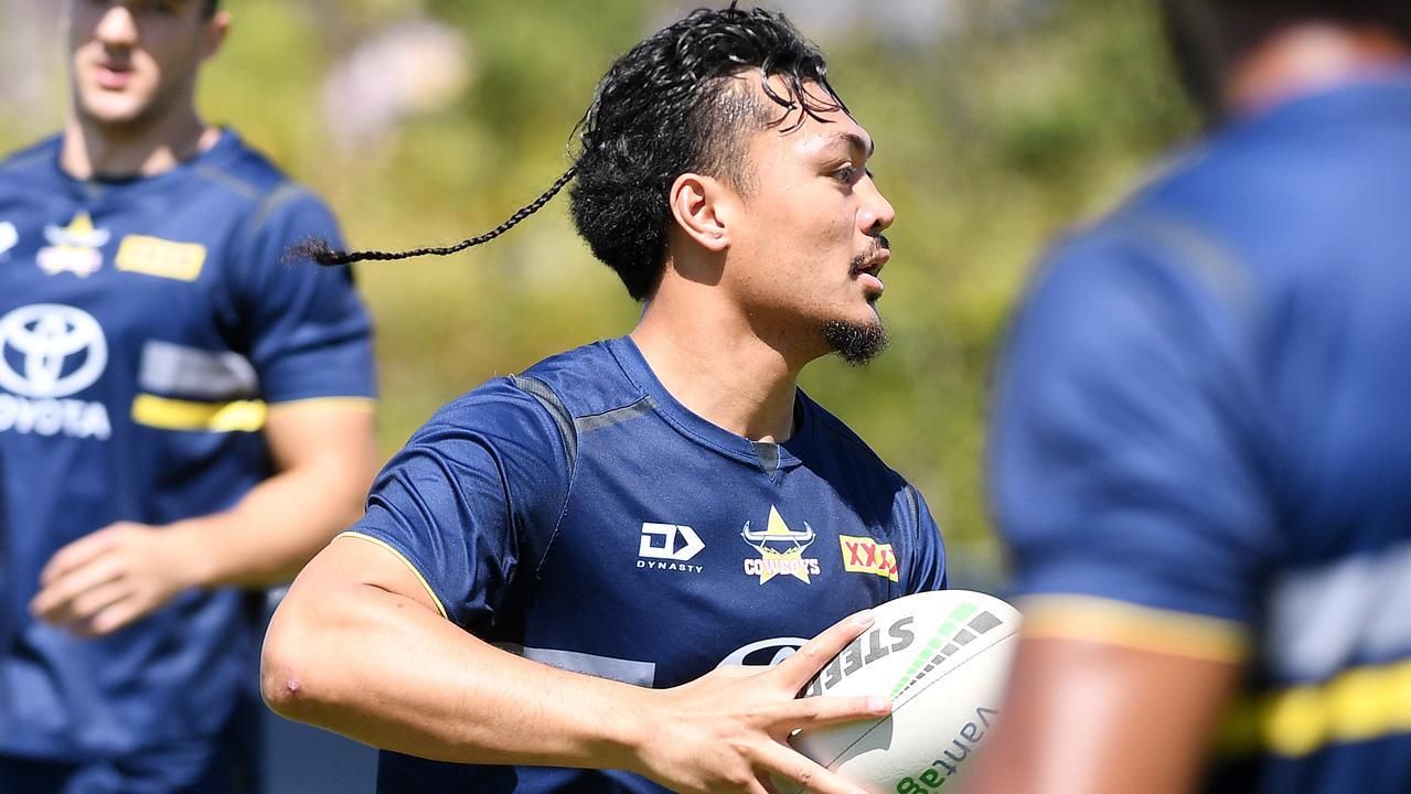 Jeremiah Nanai and his North Queensland Cowboys teammates train ahead of their preliminary final the following week. Picture: Shae Beplate