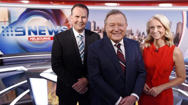 Tony Jones, Peter Hitchener and Livinia Nixon on set for National Nine News Melbourne. Picture: Channel 9 