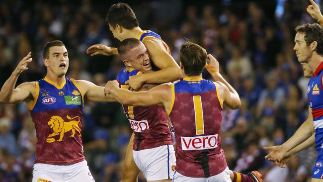 Hugh McCluggage celebrates a goal against the Western Bulldogs. Picture: George Salpigtidis