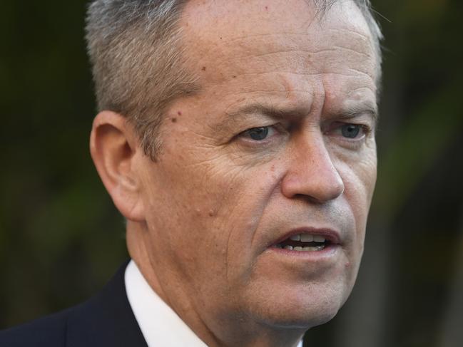 Australian opposition Leader Bill Shorten speaks to the media after attending the ANZAC Day dawn service in Darwin, Thursday, April 25, 2019. (AAP Image/Lukas Coch) NO ARCHIVING