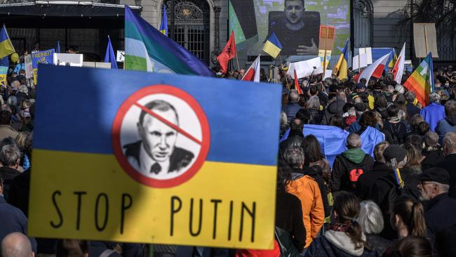 Ukrainian President Volodymyr Zelensky addresses protesters against the invasion in Bern. Picture: AFP.