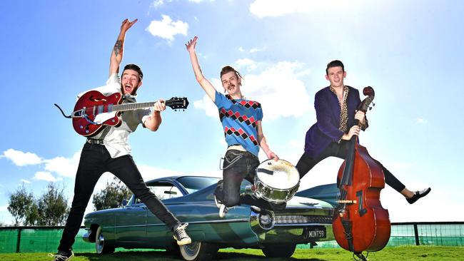 Dyllon Foley, Mitch Van Egdom and Jake Maloney with a 1959 Coupe DeVille Cadillac. Australia's largest nostalgia festival, Cooly Rocks On Tuesday May 14, 2024. Picture, John Gass
