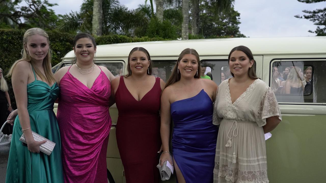 Helena Bishop, Eloise Erezuma, Ella Matlock, Alana Worth and Tia Iskov at the Kingscliff 2021 formal at Fins Plantation House on December 8. Picture: Ashi Hilmer