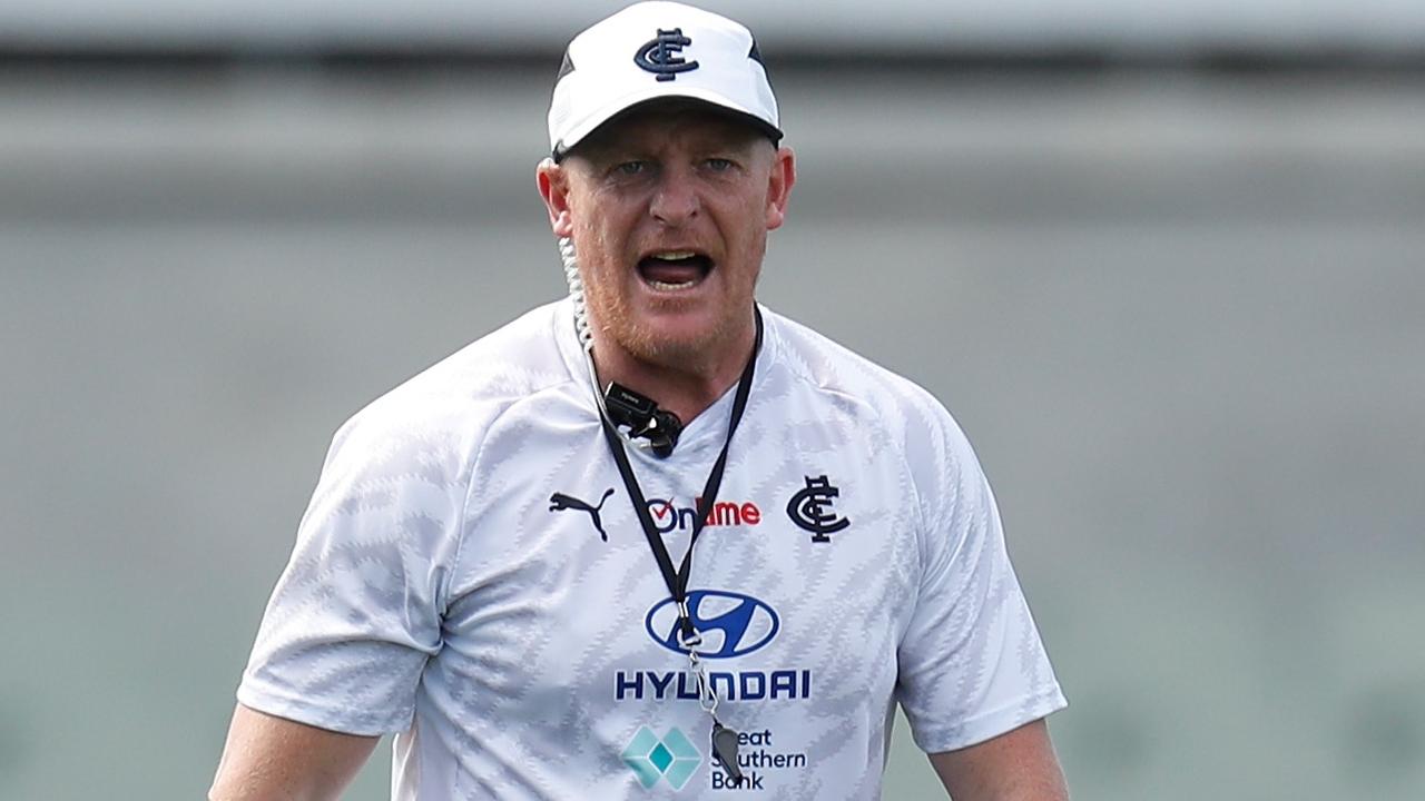 Michael Voss lays down the law at Blues training. Picture: AFL Photos/Getty Images