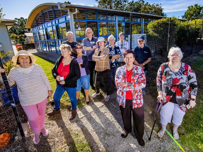 Residents from Palm Lake Resort Bethania at the site of the controversial rail trail. Evelyn Gibbins (left), Tracey Bertomeu (middle front) and Robyn Tripp (right) with other residents upset about the proposed portion of the Rail Trail. Picture: Nigel Hallett