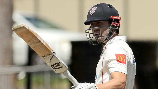 Justin Avendano of the Bears acknowledges his half century during round 4 of the NSW Premier Grade cricket match between UTS North Sydney Bears and Gordon at Chatswood Oval on October 29, 2022 in Chatswood. (Photo by Jeremy Ng/Newscorp Australia)