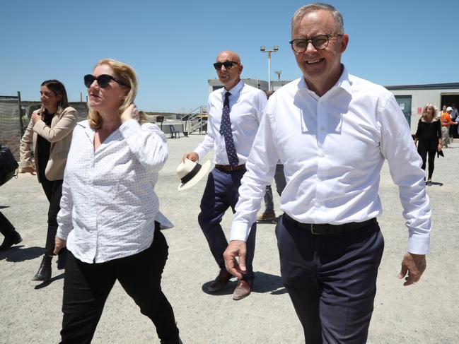 The WA government has been spending big to accommodate Perth’s sprawling suburban area. Here in February 2023, Prime Minister Anthony Albanese visits the Alkimos Train Station in Perth’s outer north. Picture: NewsWire / Philip Gostelow