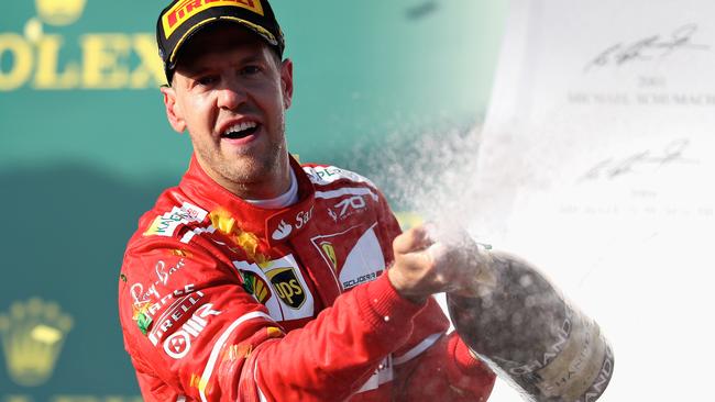 Sebastian Vettel celebrates his win during the Australian Formula One Grand Prix. Picture: Getty Images