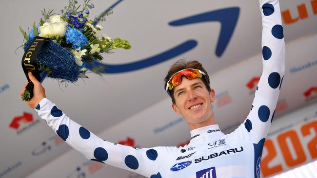 TANUNDA, AUSTRALIA - JANUARY 21: Podium / Jarrad Drizners of Australia Team UniSA-Australia Polka Dot Mountain Jersey / Celebration / Flowers / during the 22nd Santos Tour Down Under 2020 - Stage 1 a 150km stage from Tanunda to Tanunda / TDU / @tourdownunder / #UCIWT / on January 21, 2020 in Tanunda, Australia. (Photo by Tim de Waele/Getty Images)