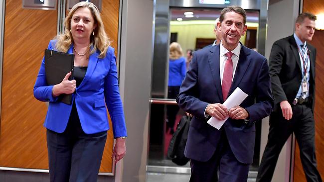 Annastacia Palaszczuk and Treasurer Cameron Dick on their way into Labor’s pre-budget caucus meeting on Monday. Picture: NCA NewsWire / John Gass