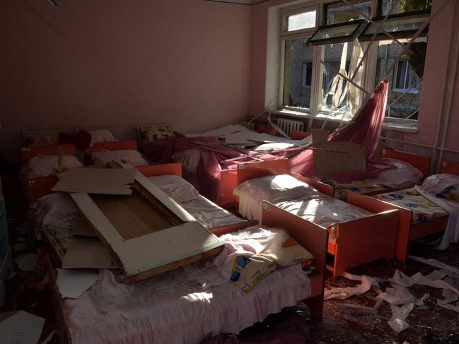 A sleeping room in a kindergarten damaged by Russian shelling in Kharkiv. Picture: AFP