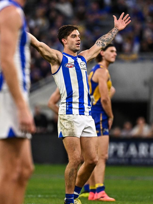 Jy Simpkin after putting North Melbourne back in front in the final term. Picture: Daniel Carson/AFL Photos