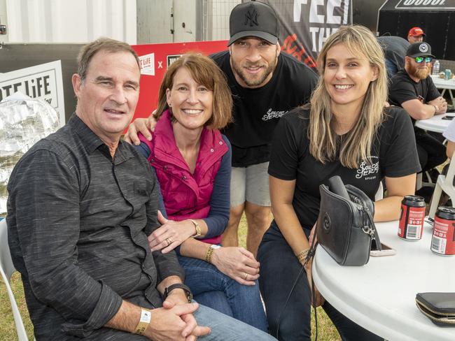 (from left) Tony Tregaskis, Paula Tregaskis, Mark Tregaskis and Delilah Clarke at Meatstock, Toowoomba Showgrounds. Saturday, April 9, 2022. Picture: Nev Madsen.