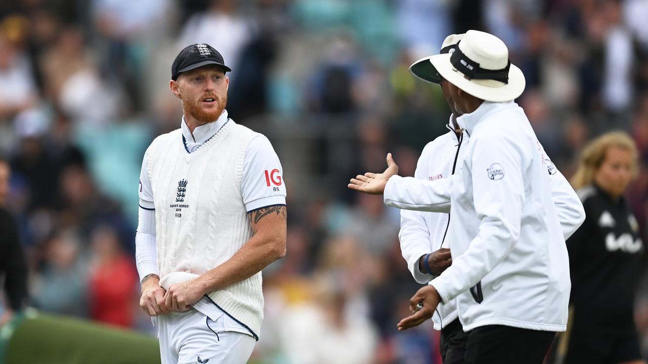 Ben Stokes argues with the umpires. (Photo by Gareth Copley/Getty Images)