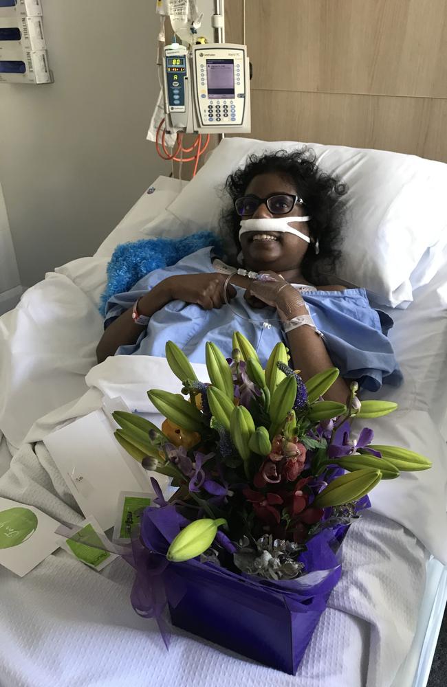 Malini Raj in hospital after her second brain surgery in St Vincent's Hospital in Sydney in 2018. Picture: Supplied