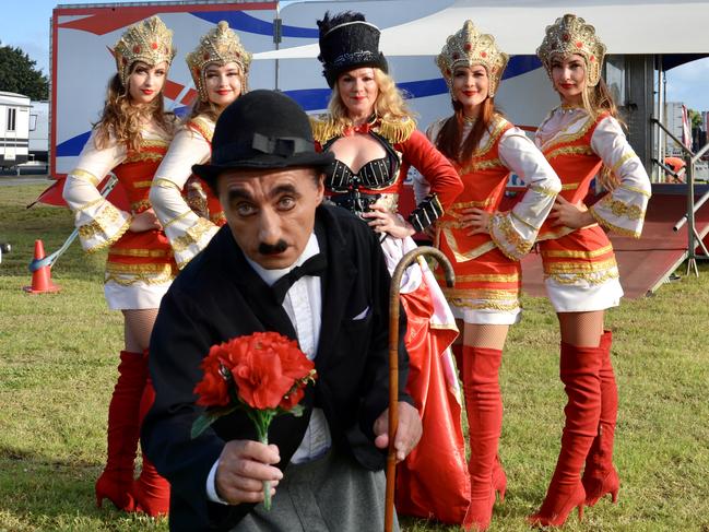 The Great Moscow Circus has arrived in Mackay after a week in Moranbah. From left to right: Dancers Tianni and Tanika Weber, vocalist Diana Holt, dancers Wonona and Tahlia Weber and clown Gagik (front). Picture: Rae Wilson