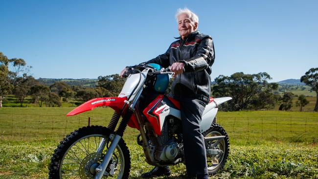 Colin Wagener, 105, on his motorbike at his property in the Adelaide Hills. Picture: Matt Turner.