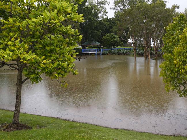 A park in Murarrie is flooded after heavy rain fell overnight in Brisbane. Picture: Tertius Pickard