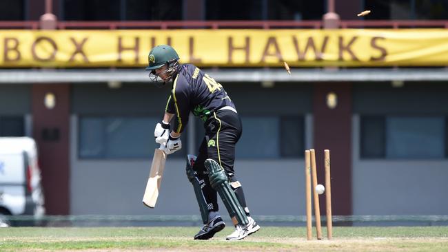 VSDCA: The bails go flying in the clash between Box Hill and Bayswater. Picture: Steve Tanner