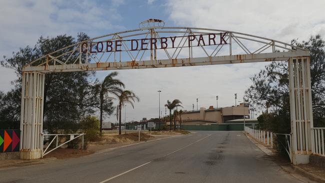 The rundown main entrance to the SA Harness Racing Club at Globe Derby Park. Picture: Colin James