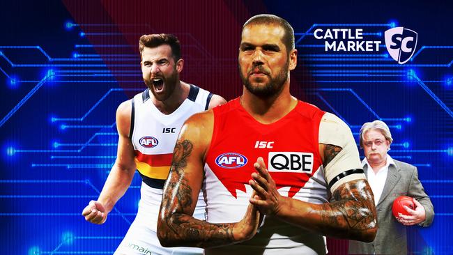 Sydney's Lance Franklin and Adelaide's Andy Otten feature in Jock Reynolds' Cattle Market.