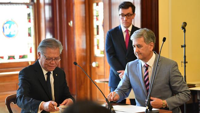 Rob Lucas is sworn in by Governor Hieu Van Le as Treasurer on Thursday. Picture: AAP / David Mariuz