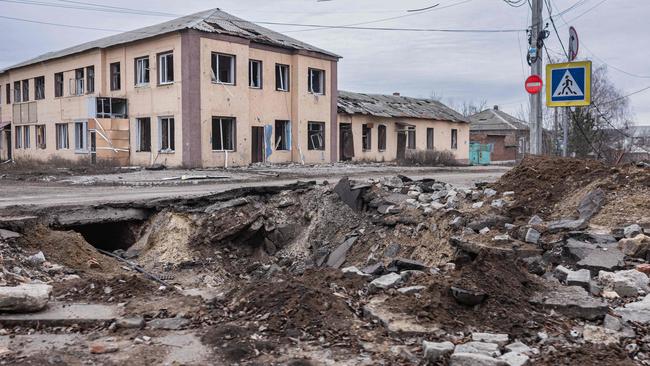 A crater caused by shelling is seen in Bakhmut, eastern Ukraine. Picture: AFP