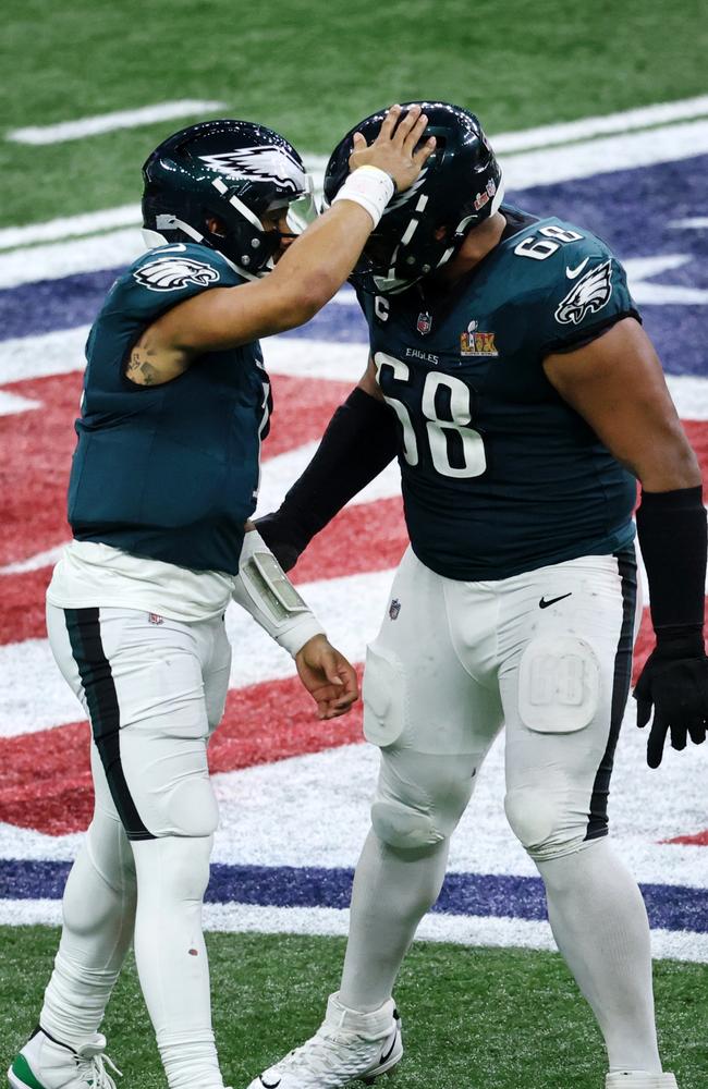 Jalen Hurts and Aussie Jordan Mailata celebrate. Picture: Chris Graythen/Getty Images