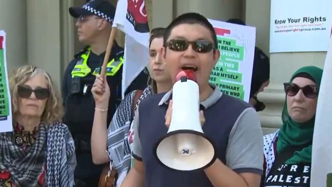 Calls are mounting for Prahran High School teacher Jason Wong to be suspended after he praised the actions of Hamas at a pro-Palestine rally. Picture: 9News