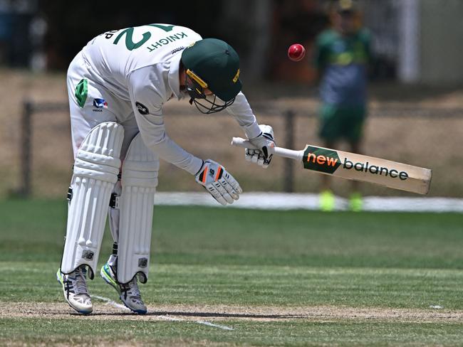 VSDCA: Spotswood’s J Knight loses his wicket. Picture: Andy Brownbill