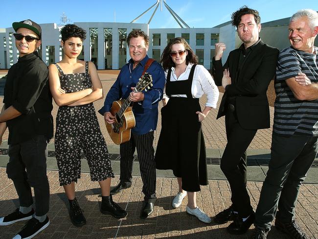 Musicians Diesel, Montaigne, Ross Wilson, Megan Washington, Kav Temperley and Daryl Braithwaite promote the rights of musicians in Canberra this week. Picture: Kym Smith