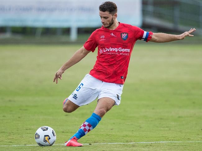 Gold Coast Knights captain Roman Hofmann in action against Capalaba FC. NPL Queensland 2021 Round 4 at Croatian Sports Complex. Photo: East End Digital