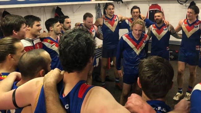 Onkaparinga Valley celebrates beating Echunga in round six of the Hills Footy League. Picture: Supplied, Onkaparinga Valley Football Club Facebook page