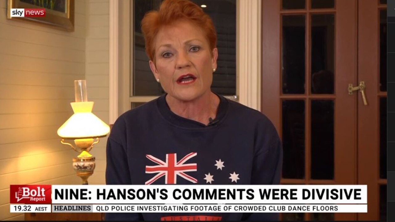 A defiant Hanson told Andrew Bolt she ‘couldn’t care less’ over being dropped by Channel 9. Picture: Sky News