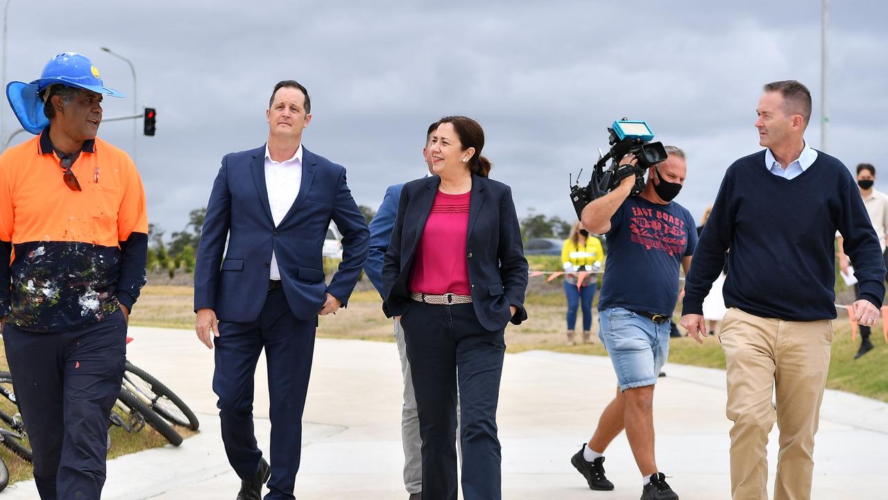 Caloundra MP Jason Hunt, Premier Annastacia Palaszczuk and Fisher MP Andrew Wallace at the opening of the Sunshine Coast’s largest ever infrastructure project. Picture: Patrick Woods.