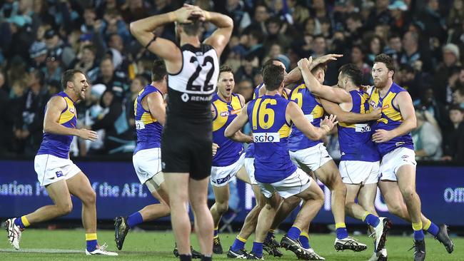 Charlie Dixon reacts after Luke Shuey kicks the winning goal after the siren in the 2017 elimination final. Picture: Sarah Reed.