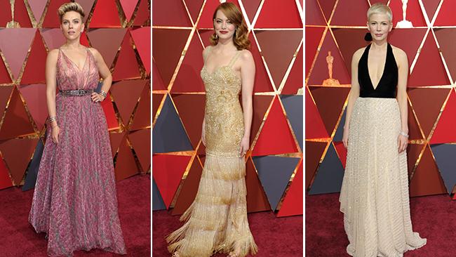 Scarlett Johansson, Emma Stone and Michelle Williams arrive for the Oscars.