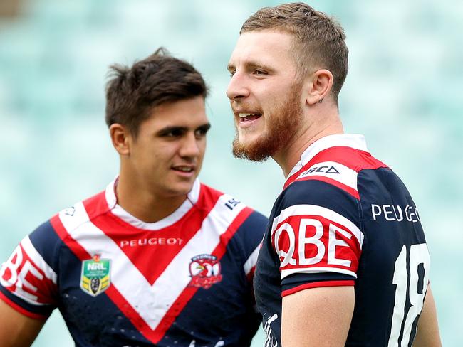 Jayden Nikorima and Jackson Hastings during a Roosters training session. Picture Gregg Porteous