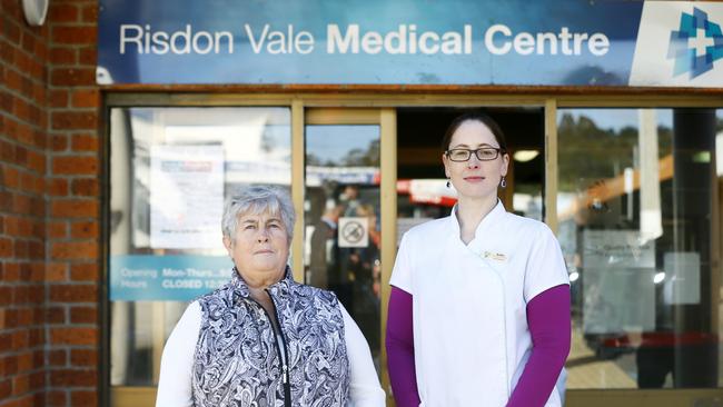 Local resident Robyn Hill, left, and Katie Hayes, owner of the nearby Risdon Vale Pharmacy, outside the Risdon Vale Medical Centre, which is set to close on June 30. Picture: MATT THOMPSON