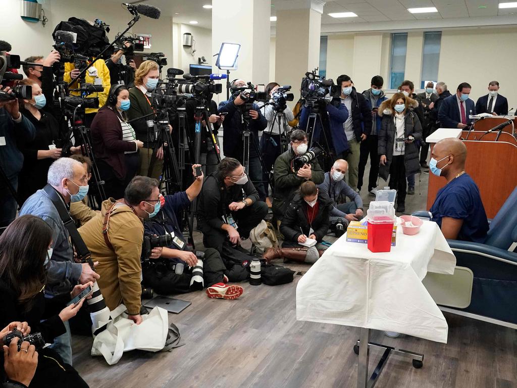 Dr Duroseau (right), who volunteered to be the second person to receive the COVID-19 vaccination at Long Island Jewish Medical Center, speaks during a press conference yesterday. Picture: Timothy A. Clary/AFP