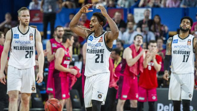 Melbourne United’s Casper Ware reacts to a referees’ decision on Saturday. Picture: AAP