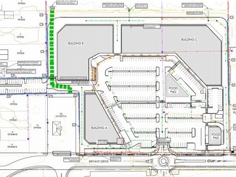 The plans for the shopping centre show the three buildings, two food pads, parking and a new roundabout at the driveway opposite Tuggerah Super Centre. Picture: supplied