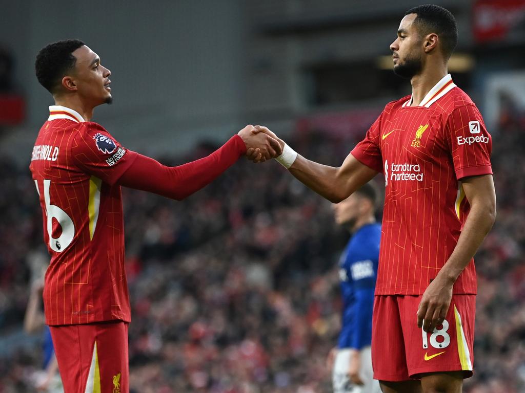 Cody Gakpo (right), scored two goals, with the second set up by Trent Alexander-Arnold (left). Picture: Gareth Copley/Getty Images