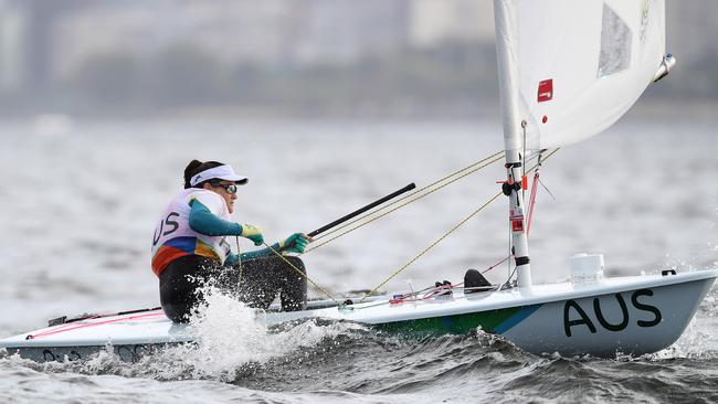 Australia's Ashley Stoddart sailing in Race 2 of the Women's laser radial at Marina da Gloria during day 3 of the Rio 2016 Olympic Games. Picture. Brett Costello