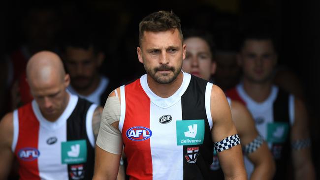 Jarryn Geary leads St Kilda out for a match at the Gabba during the Covid season of 2020. Picture: Matt Roberts/AFL Photos/via Getty Images