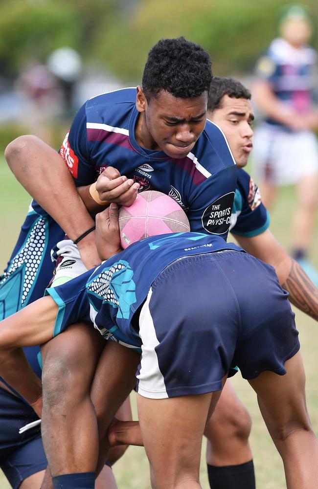 RUGBY LEAGUE: Justin Hodges and Chris Flannery 9s Gala Day. Mountain Creek State High (white shorts) V Morayfield State High, year 10. Creek's Fraser Cash on the burst. Picture: Patrick Woods.