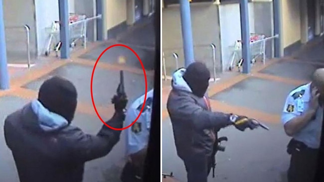 The gunman fires his pistol right next to the guard’s head, left. The guard immediately clutches at his near-deafened ear, right. Pictures: Supplied.