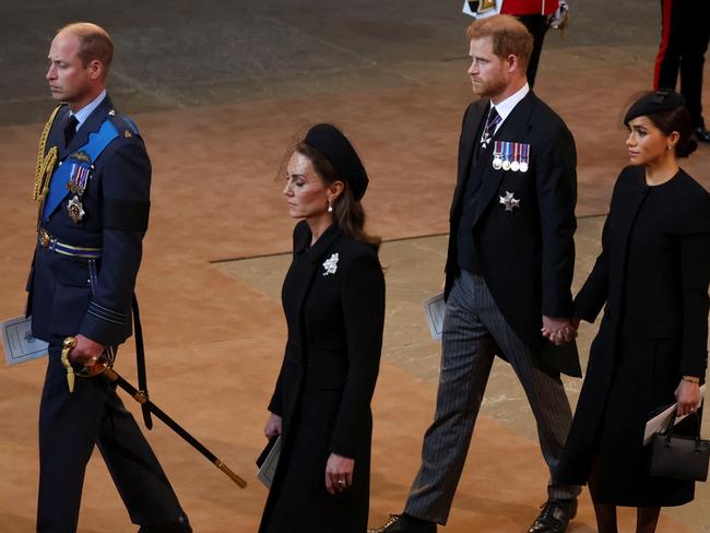 Prince William, Princess Catherine, Prince Harry and Meghan Markle walk behind the coffin of Queen Elizabeth. Picture: Getty