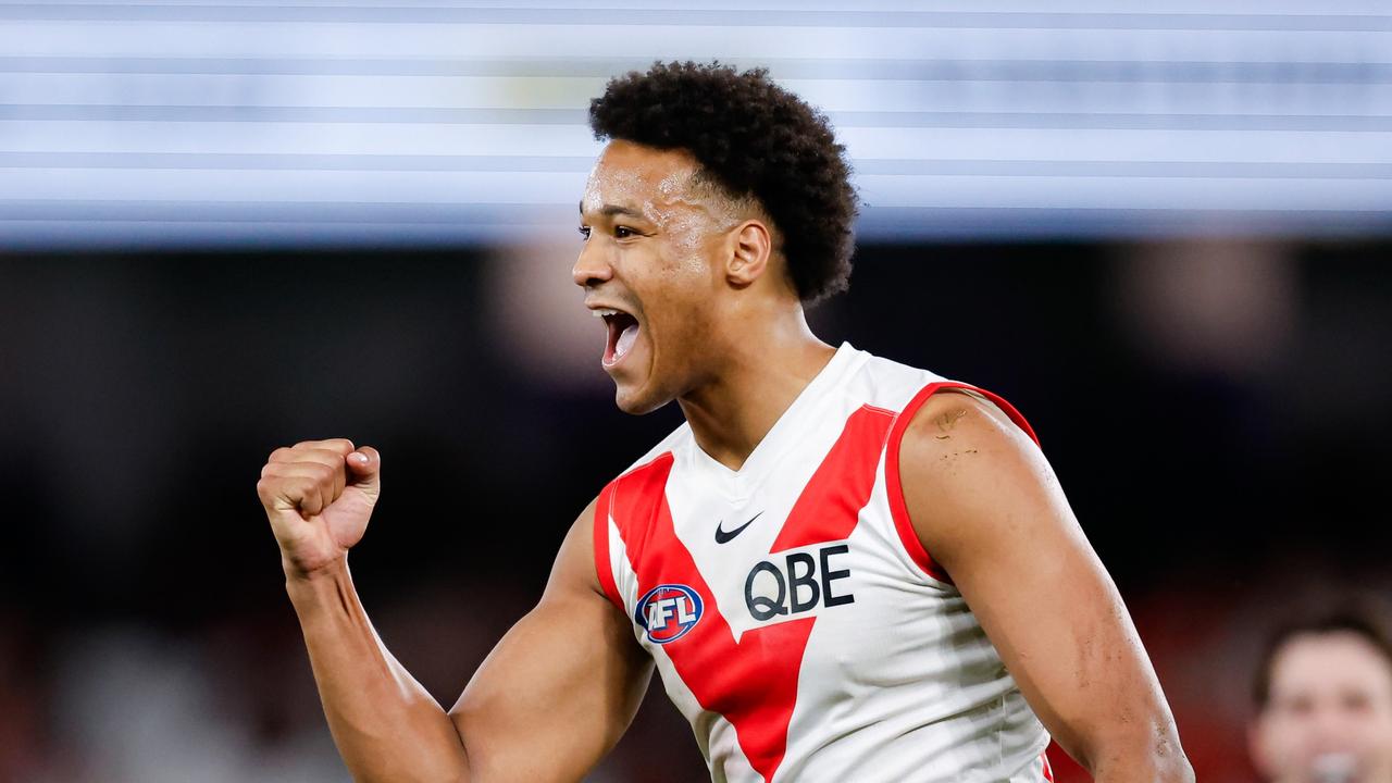 Joel Amartey celebrates a goal. Photo by Dylan Burns/AFL Photos via Getty Images